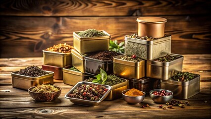 Assorted tea boxes and tins in various shapes and sizes arranged on a rustic wooden table against a warm beige background with soft lighting.