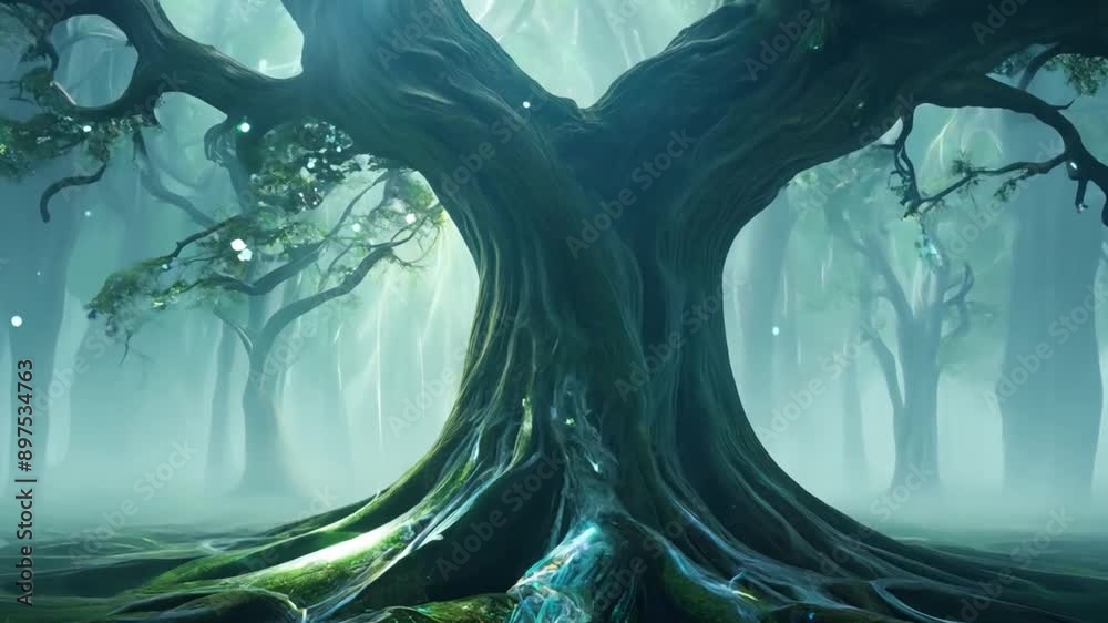 Poster the thick roots of an ancient tree spread out across the forest floor, glowing with an ethereal ligh