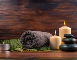 Tranquil Spa Setting Towel on Fern with Candles and Hot Stone on Wooden Background