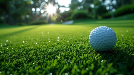 Obraz premium Golf ball on green grass course with sunlight, close-up view. Sport and recreation concept