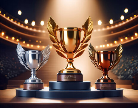 Winner Award Podium- A podium setup for an award ceremony with gold, silver, and bronze tro_1(489)