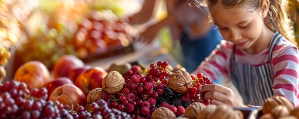 Young girl selecting fresh fruits and nuts at a local farmer's market on a sunny day