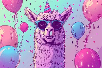 An adorable cartoon llama with bold outlines, wearing sunglasses and a party hat, standing in front of a festive background with balloons and confetti.