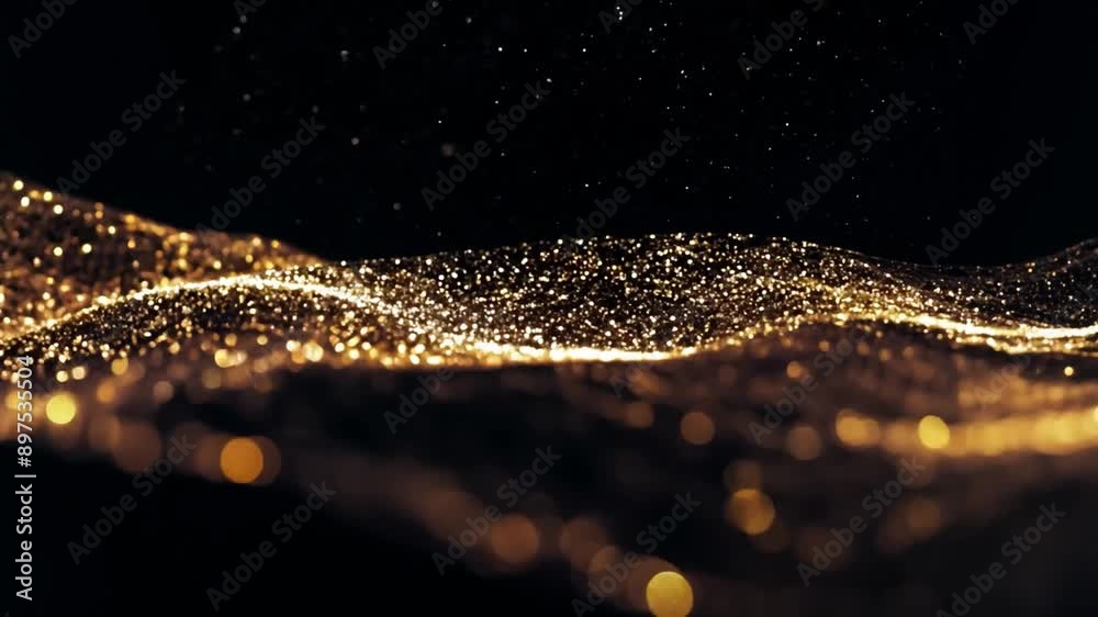 Fototapete golden dust particles form abstract waves against a black background. the dust particles catch the l