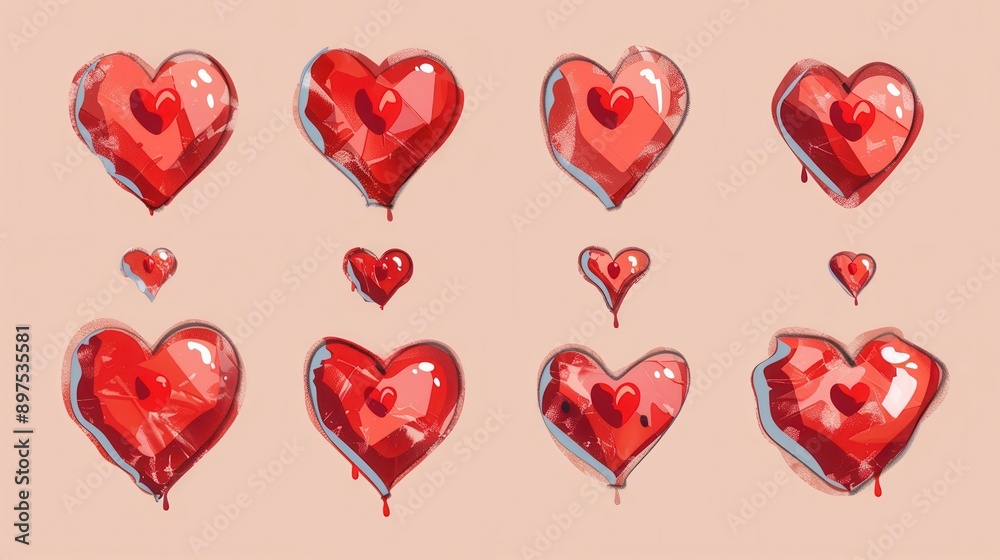 Poster A set of red hearts in different poses, each with unique style and details. Generative AI