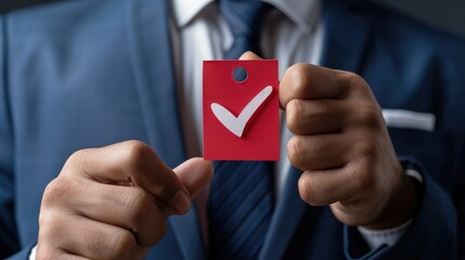 Business person holding a red badge with a check mark symbol of approval in business
