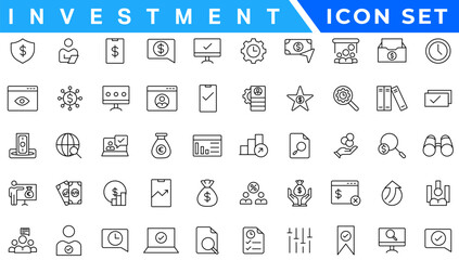 Investment icon set. Containing investor, mutual fund, asset, risk management, economy, financial gain, interest and stock icons