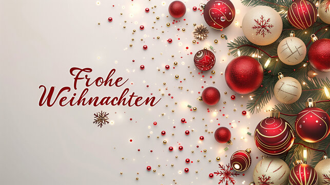Beautiful background with Christmas theme, guirlandes with red and golden baubles, text " Frohe Weihnachten". Merry Christmas in German. Xmas greeting card. Design for greeting card.