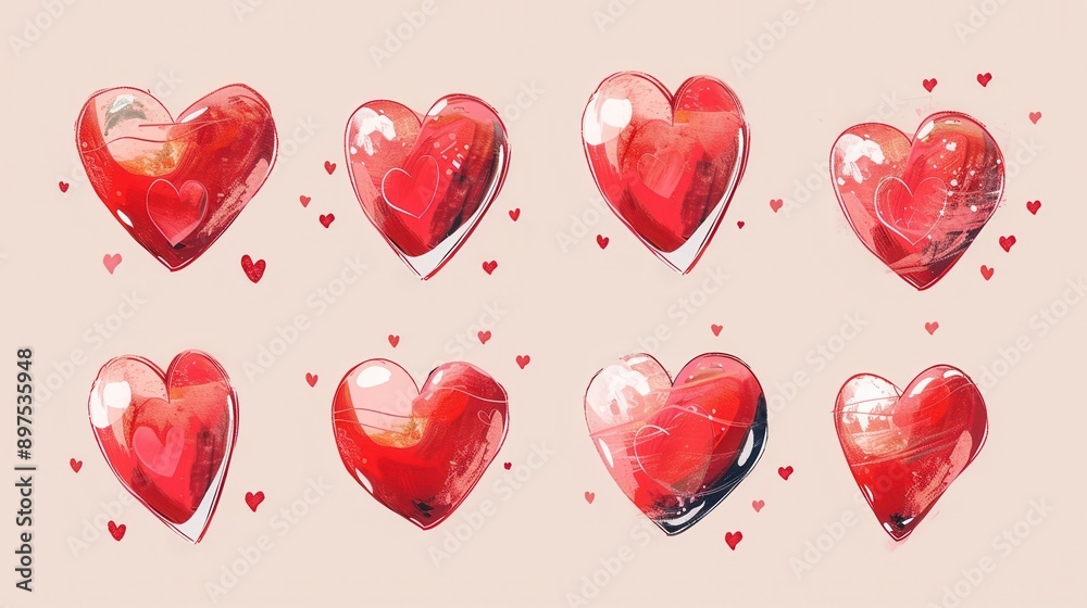 Poster A collection of eight red hearts in different poses and styles, set against a light pink background. Generative AI