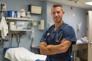 Obraz premium Handsome young man doctor in blue gown, portrait emergency doctor. Veterinarian in clinic smiles. Medicine, field about health, banner emergency services.