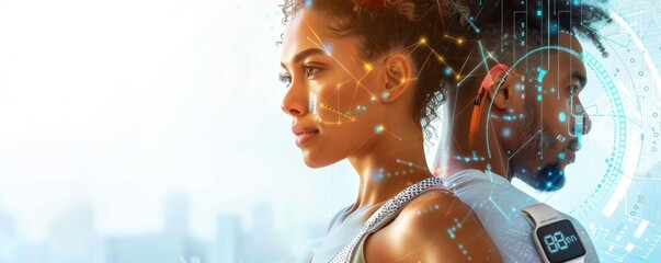 Futuristic fitness technology concept with young athletes wearing smart devices