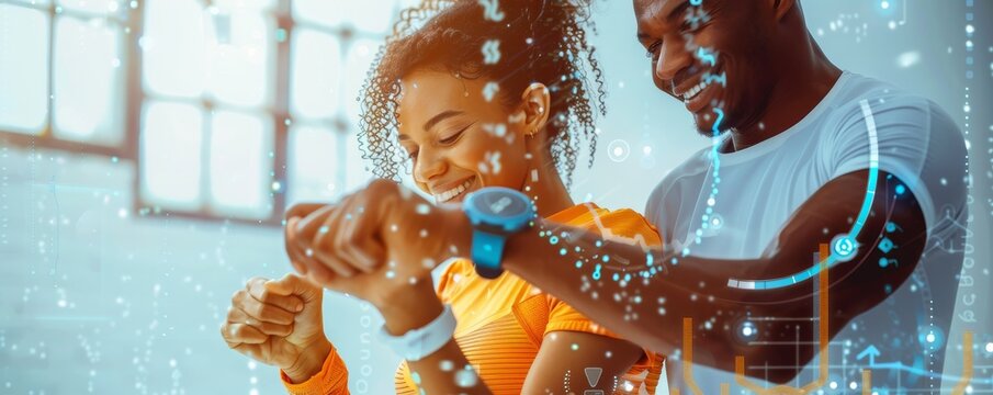 Smiling couple tracking fitness progress with smartwatches in bright room filled with technology graphics - Powered by Adobe