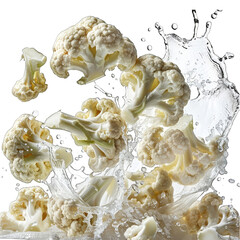 Cauliflower Splashing in Water isolated on transparent png. for food blogs, dessert menus, advertisements, and culinary websites
