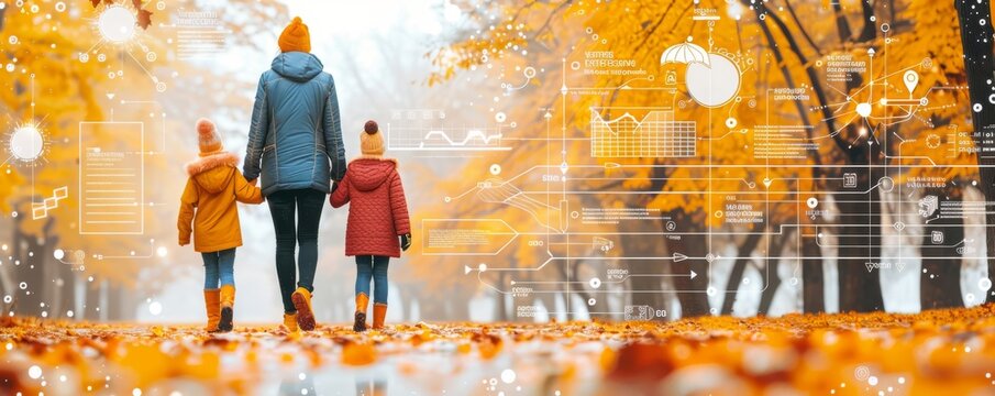 Family walking together in autumn forest with digital overlay of data and graphs