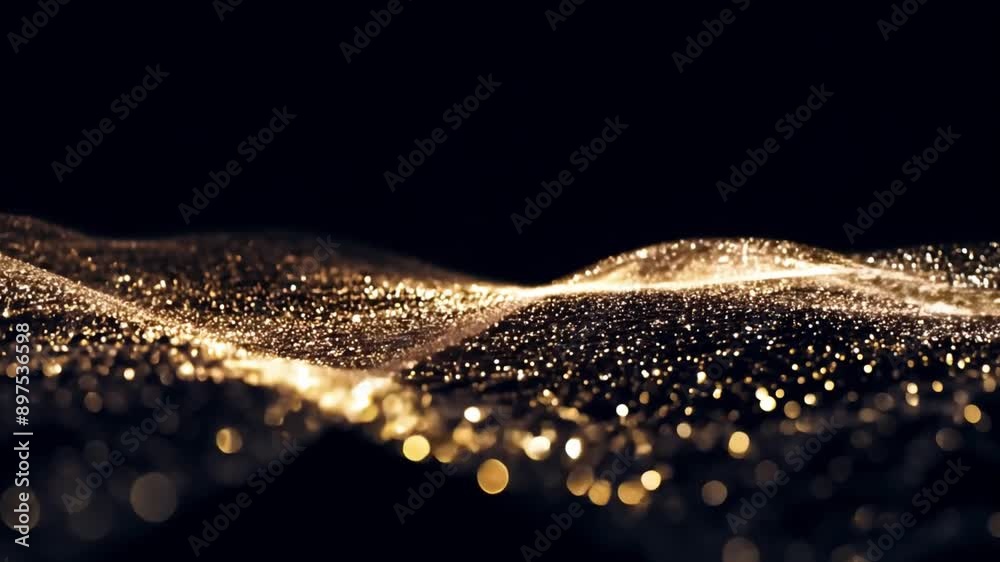 Poster a wave of shimmering gold glitter moves across a black background. the glitter creates a sense of mo