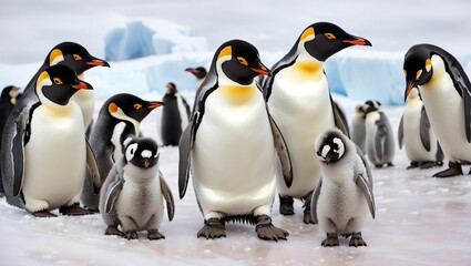 Obraz premium A family of penguins huddled together on the icy Antarctic landscape, their resilience and cooperation a testament to survival in extreme conditions.