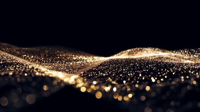 A wave of shimmering gold glitter moves across a black background. The glitter creates a sense of movement and energy, while the dark background provides a contrast that highlights the sparkle.