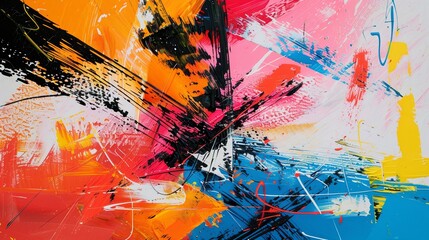 Energetic and lively abstract painting is filled with vibrant colors and dynamic brushstrokes, evoking a feeling of motion and dimension
