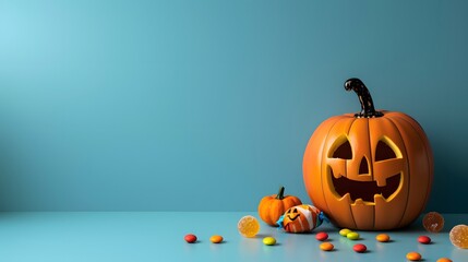 Smiling Halloween pumpkin and candies in minimalist style