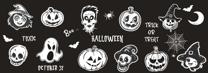 Set of Halloween doodle elements. Pumpkin, ghost, skull, spider, witche, bat, moon. Scary funny monster character.  Trick or Treat. Perfect for Halloween decoration, invitation, and party 