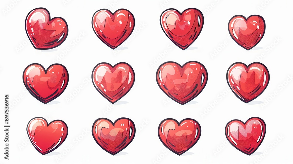 Fototapete a collection of twelve red hearts, each with a unique style and shape. generative ai