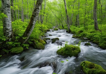river in the forest of white water and green trees at high noon
