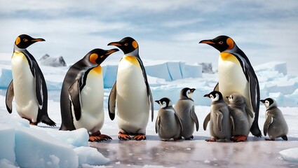 Fototapeta premium A family of penguins huddled together on the icy Antarctic landscape, their resilience and cooperation a testament to survival in extreme conditions.