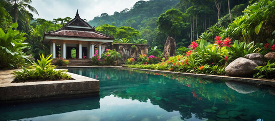 Fototapeta premium A Picturesque Pavilion Amidst Vibrant Flora and a Pristine Pool in a Tropical Paradise, Exotic Retreat