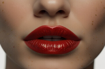 Obraz premium Closeup Of Beautiful Female Lips With Perfect White Teeth And Red Lipstick, Close up of woman perfect lips with red lipstick.