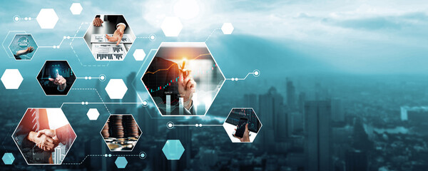 Futuristic business digital financial data technology concept for future big data analytic and business intelligence research for businessman analyst invest decisions making panoramic banner kudos