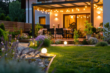 Lounge and Dining Area at Modern Residential Backyard Decorated with Outdoor Lights, Plants, Garden Table and Chairs. Cozy Summer Evening