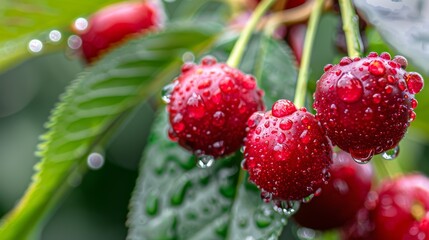 Vibrant cherries with dewdrops on a branch, surrounded by green leaves, create a fresh, lively scene in nature