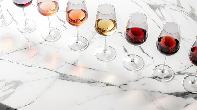 Variety of wine in different glasses on white calacatta surface with space for text