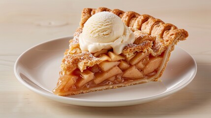 Warm apple pie slice with a scoop of vanilla ice cream melting on top