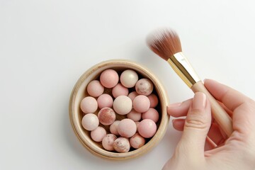 hand holding a makeup brush with a gold handle, applying blush to the cheekbones