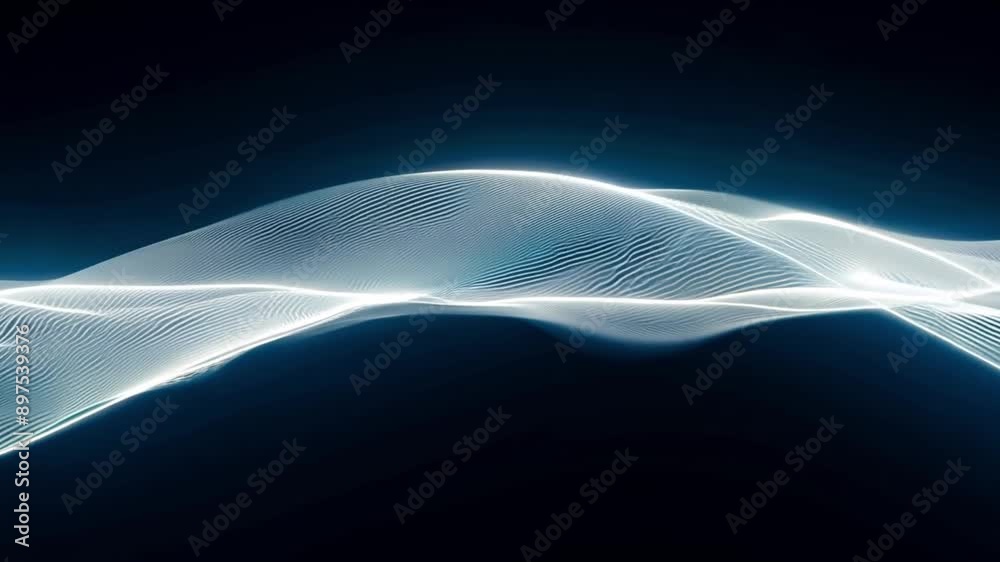Poster A white wave-like form with a striped pattern flows across a black background.