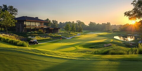 Golf course with a clubhouse, golf cart, and scenic view at sunset