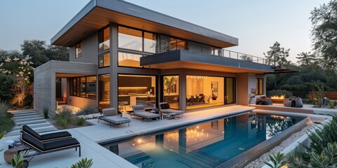Fototapeta premium Modern luxury house with swimming pool and outdoor seating at dusk