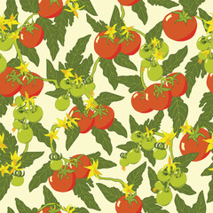 Yellow Tomato Blossoms, Red and Green Tomatoes with Leaves on a Soft Yellow Background creating a seamless pattern print background
