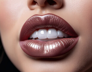 Obraz premium Close-up of woman or young girl lips featuring shimmering brown, burgundy or maroon sparkle lipstick. Lips are slightly parted, revealing a glimpse of white teeth. Sensuality sexuality. AI generated