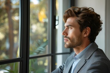 Fototapeta premium Contemplative businessman in stylish slate gray suit under soft natural light