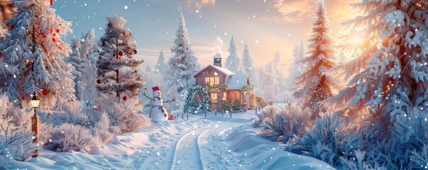 Snow-covered cottage in a winter wonderland with festive decorations and a cheerful snowman
