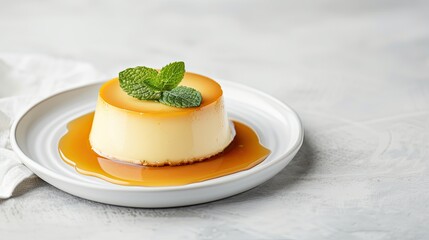Creamy flan with a caramel sauce and fresh mint leaves