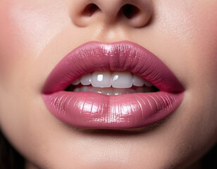 Fototapeta premium A close-up of a woman's lips, featuring shimmering pink lipstick that adds a touch of sparkle. The lips are slightly parted, revealing a glimpse of white teeth. Sensuality and sexuality. AI generated