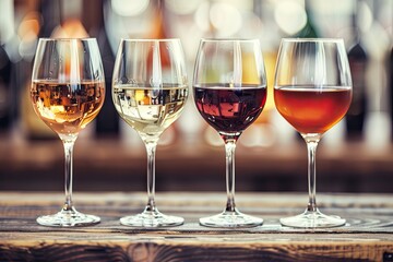 Various wines red white rose and amber offered for tasting in a bar or restaurant