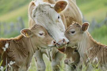 Cows nuzzle mother in affectionate display