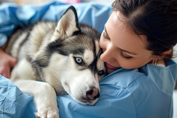 Vet comforting husky in clinic