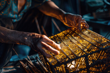 Hands of lantern maker intricately crafting light and shadow tapestry