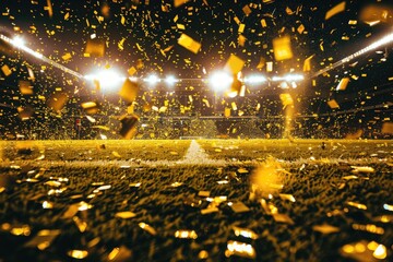 Victorious soccer stadium with yellow confetti and tinsel