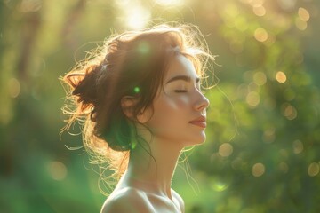 Serene Woman in Pear Green Bathed in Bright Light Profile View